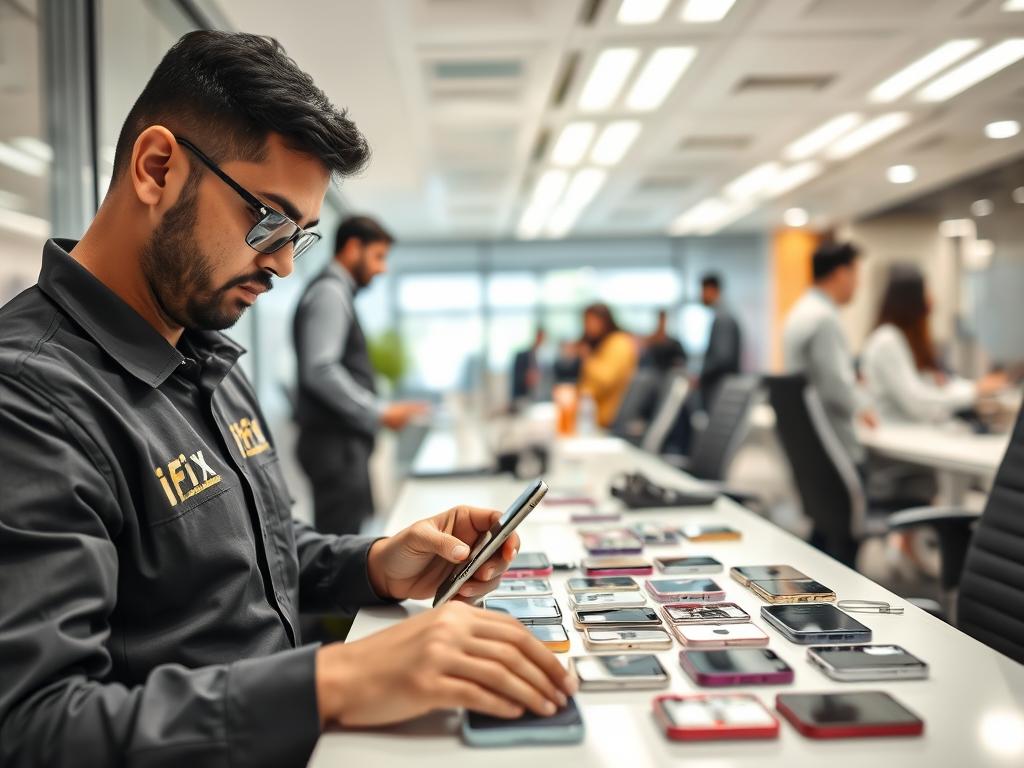 Corporate technician servicing multiple iPhones at office location