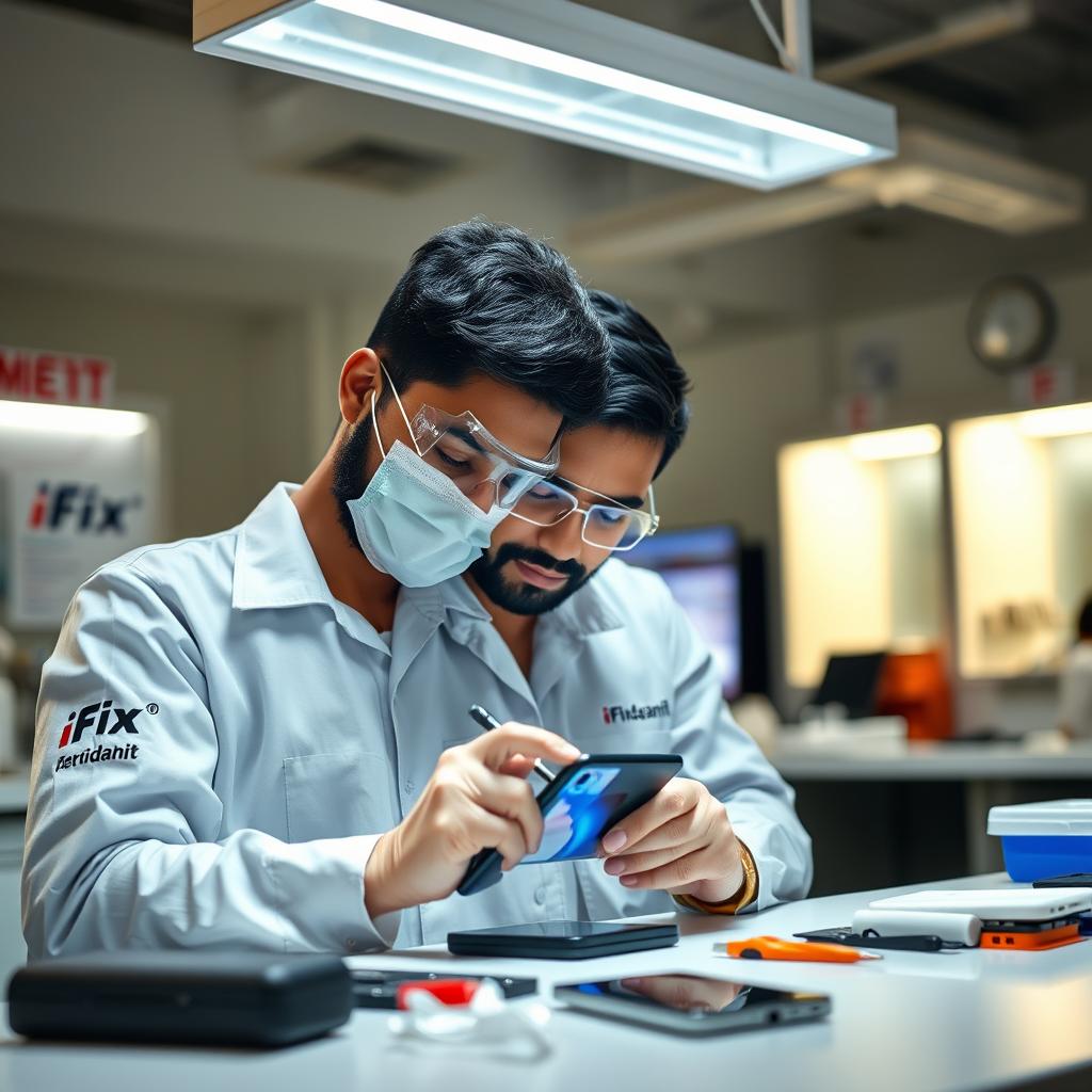 Technician at iFix India repairing an iPhone