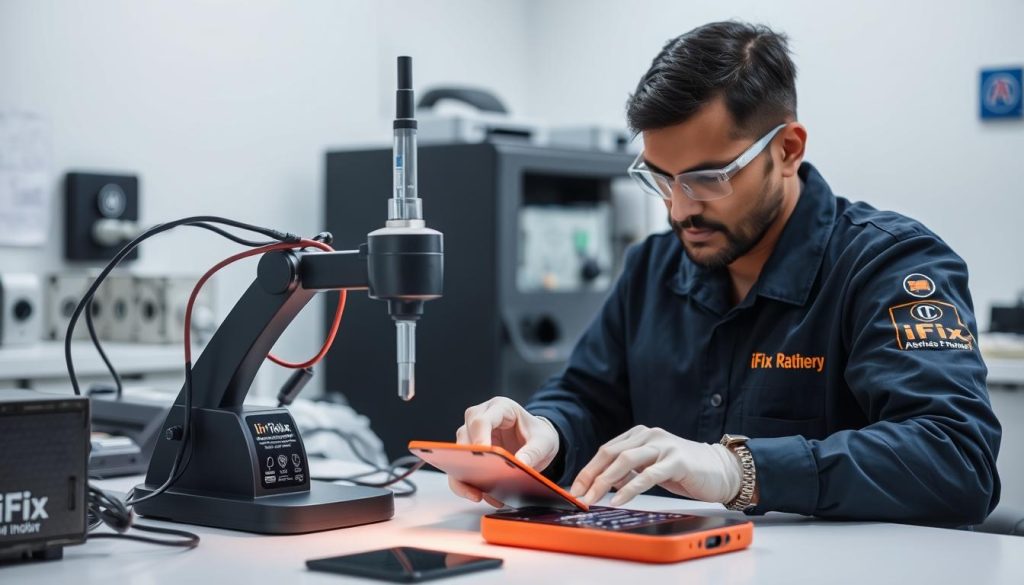 iFix India technician inspecting iPhone 11 battery quality