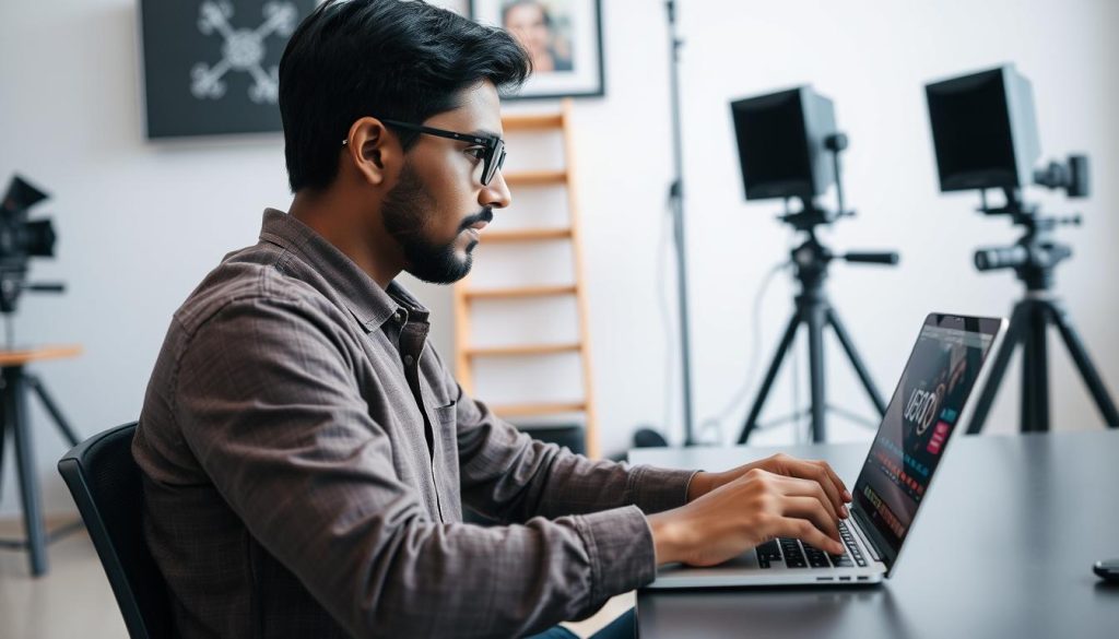 Creative professional using MacBook Pro for video editing - MacBook Buyer's Guide 2025 India Creative professional using MacBook Pro for video editing - MacBook Buyer's Guide 2025 India
