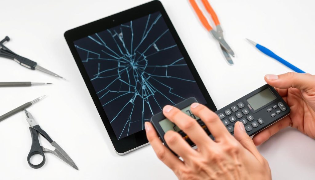 Cracked iPad screen with repair tools nearby showing iPad screen replacement cost assessment
