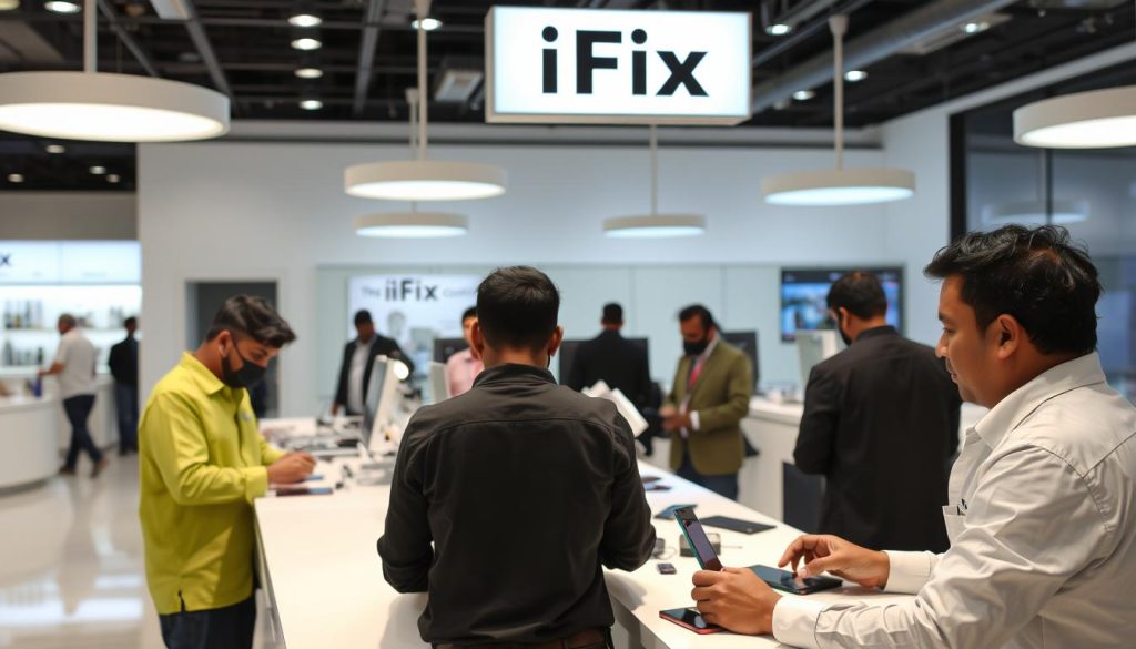 iFix India service center with technicians working on iPhone battery replacements