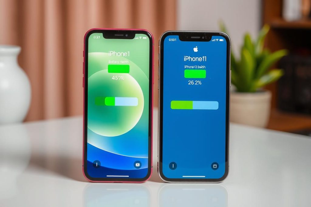 iPhone 12 and iPhone 11 side by side with battery health screens