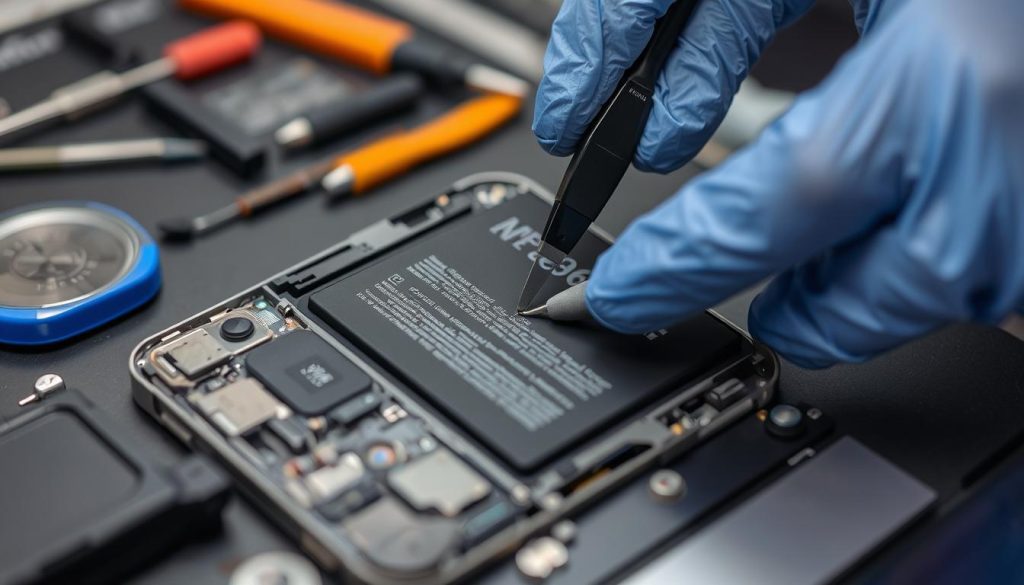 iPhone 15 Pro Max battery being replaced by a technician