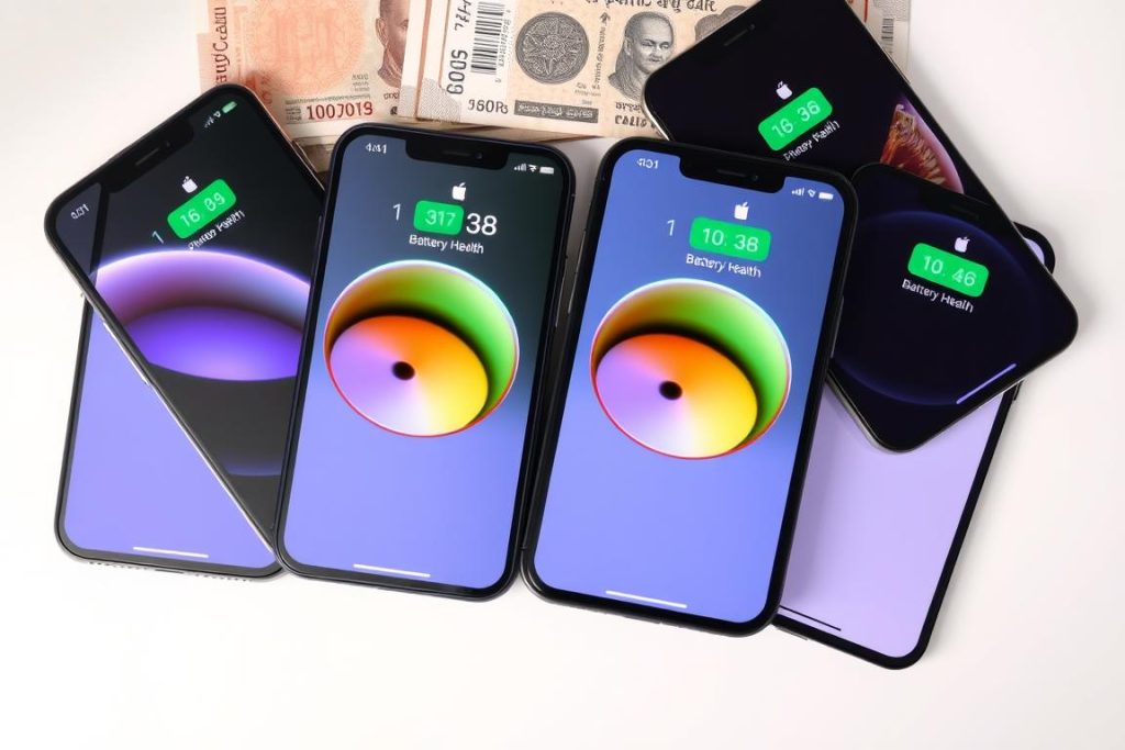 iPhone 16 series lineup showing all four models with battery health screens