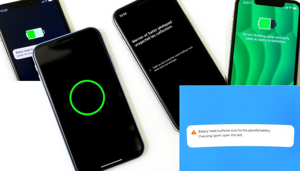 iPhone showing various battery health issues and warning messages