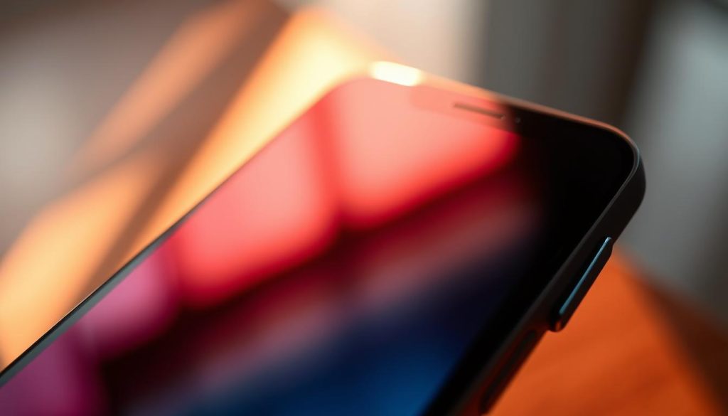 A highly detailed, close-up view of the latest iPhone 16 display technology. The screen is the focal point, showcasing its ultra-high resolution, vibrant colors, and perfect contrast. The background is a blurred, out-of-focus view of the smartphone's sleek, metallic chassis, highlighting the display's stunning visual quality. Dramatic studio lighting casts warm, directional shadows that accentuate the screen's depth and texture. The composition emphasizes the technological advancements of this next-generation OLED display, conveying a sense of innovation and cutting-edge design. A highly detailed, close-up view of the latest iPhone 16 display technology. The screen is the focal point, showcasing its ultra-high resolution, vibrant colors, and perfect contrast. The background is a blurred, out-of-focus view of the smartphone's sleek, metallic chassis, highlighting the display's stunning visual quality. Dramatic studio lighting casts warm, directional shadows that accentuate the screen's depth and texture. The composition emphasizes the technological advancements of this next-generation OLED display, conveying a sense of innovation and cutting-edge design.