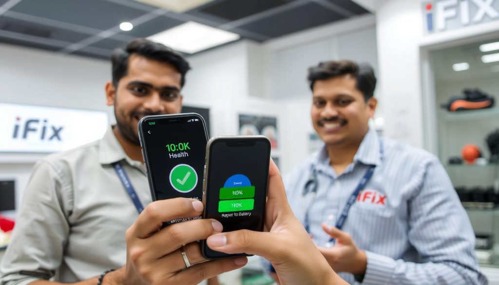 Satisfied customer with newly replaced iPhone 17 battery showing 100% health Satisfied customer with newly replaced iPhone 17 battery showing 100% health