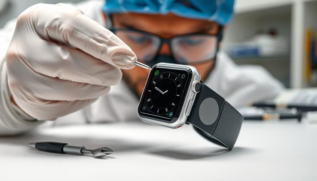 Apple Watch battery replacement being performed by a technician in India