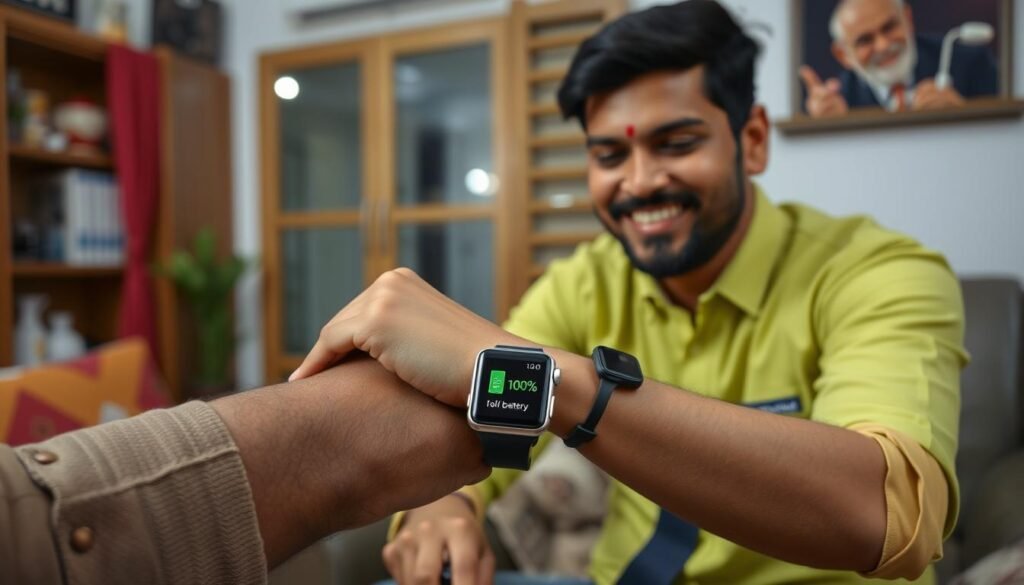 Happy customer with repaired Apple Watch showing full battery life