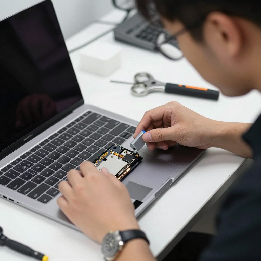 Damaged MacBook being carefully handled by technician