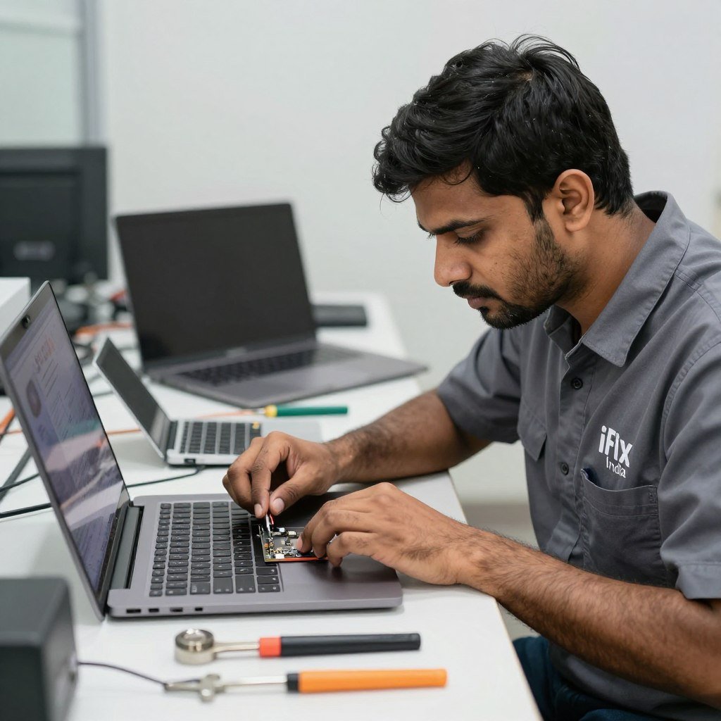 Experienced iFix India technician working on MacBook