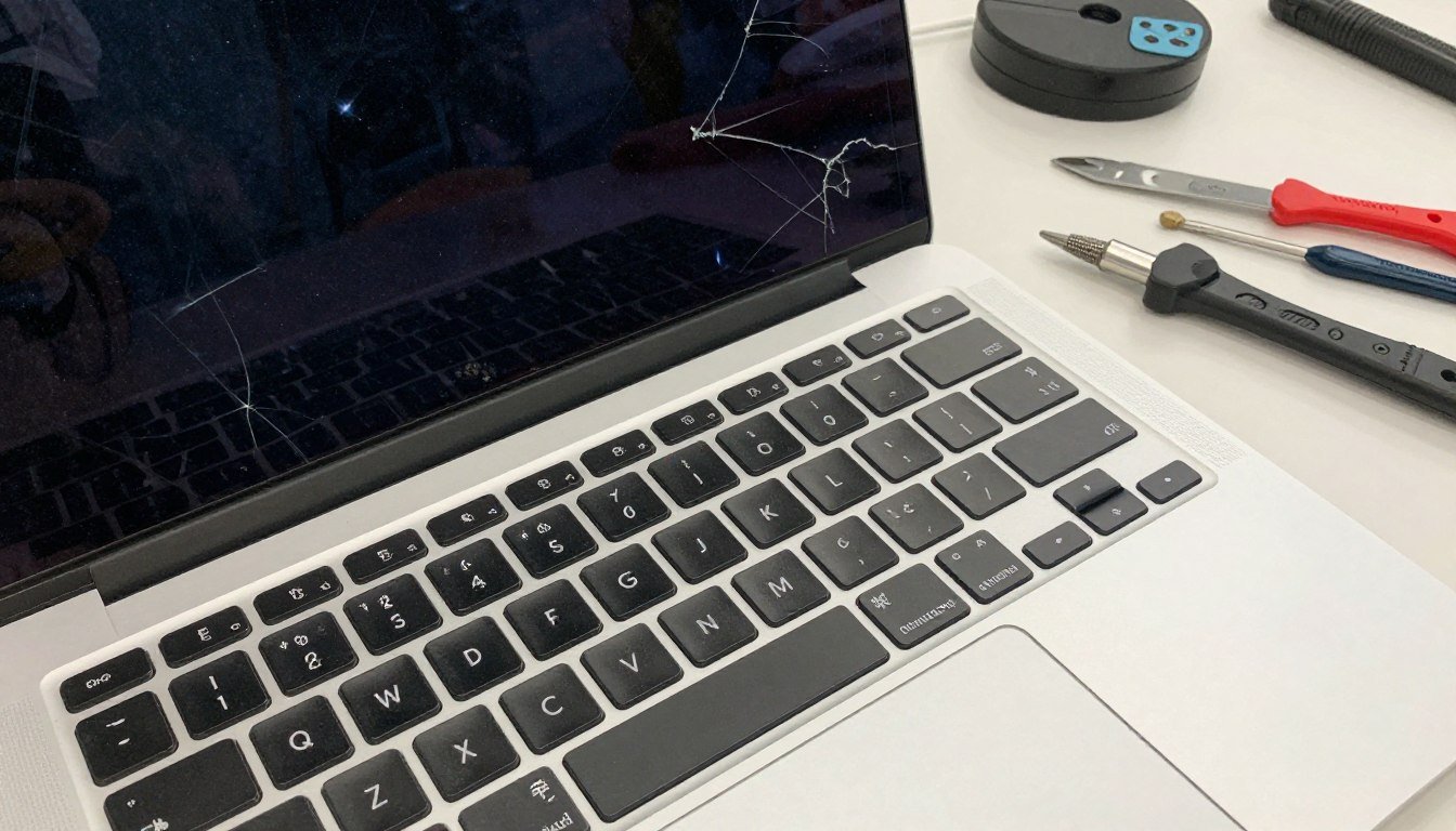 MacBook with common repair issues like screen damage and keyboard problems