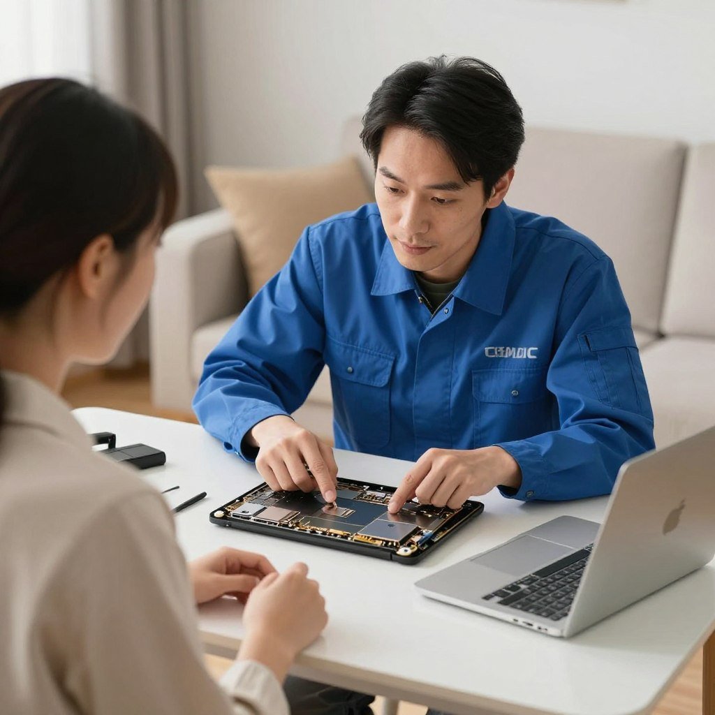 Technician explaining MacBook repair to customer at home