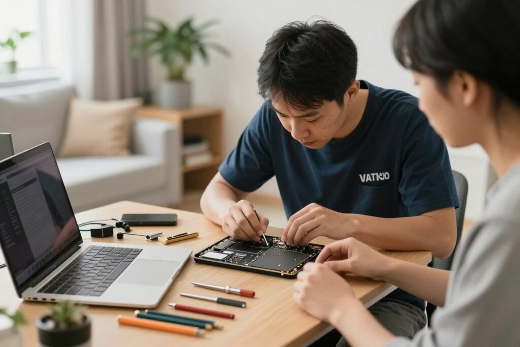 Technician performing MacBook repair at customer's home