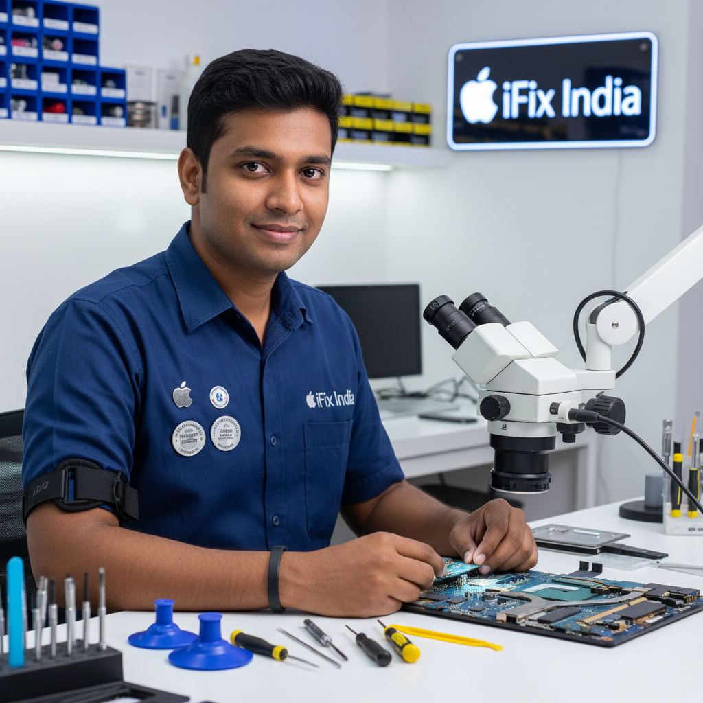 iFix India Apple-certified technician with MacBook tools iFix India Apple-certified technician with MacBook tools