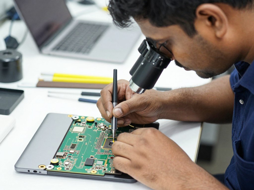 iFix India certified technician working on MacBook logic board