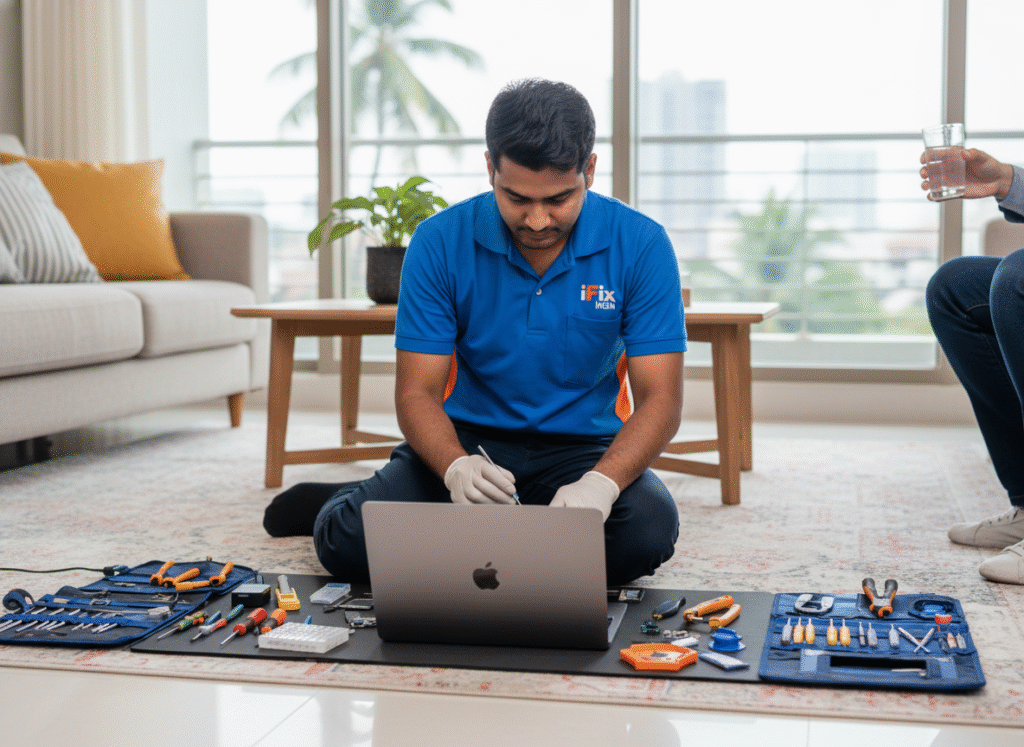 iFix India technician repairing MacBook at customer's home in Bangalore iFix India technician repairing MacBook at customer's home in Bangalore