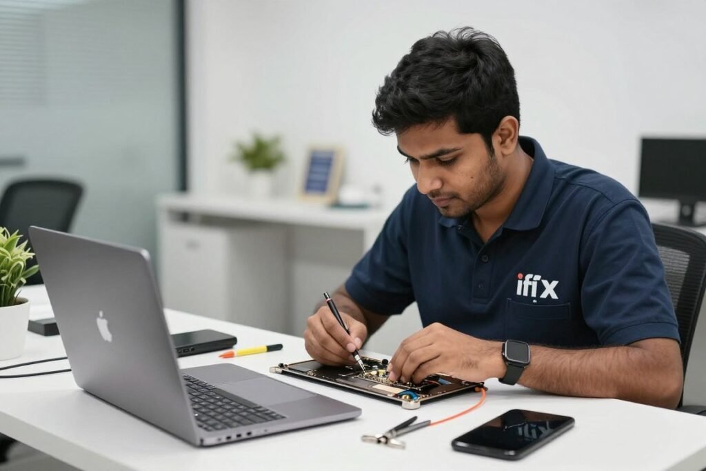 iFix India technician repairing a MacBook Pro in Bangalore