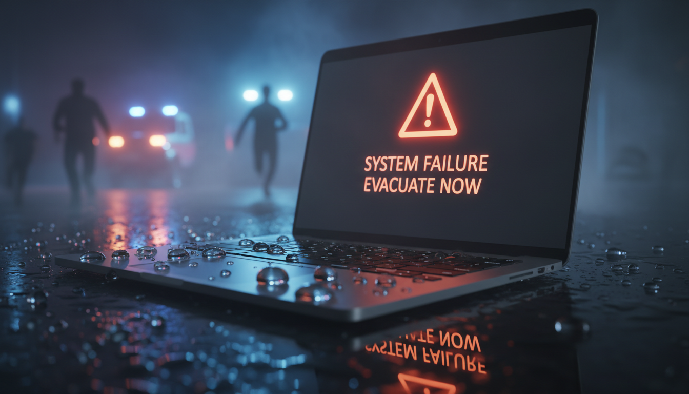 MacBook with liquid spill emergency situation showing water droplets on keyboard