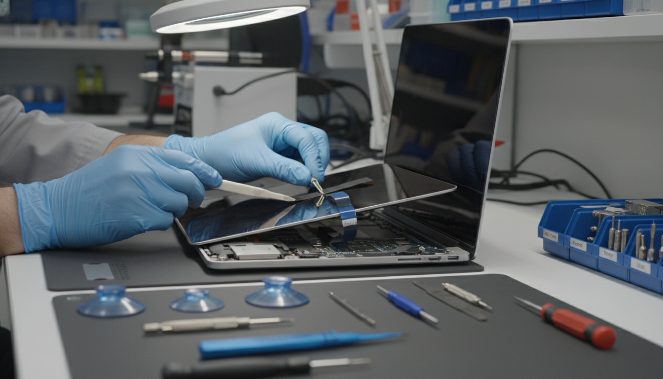 Professional technician replacing MacBook screen in modern repair center